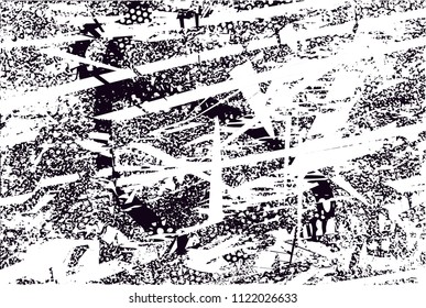Distressed background in black and white texture with  dark spots, nets, scratches and lines. Abstract vector illustration