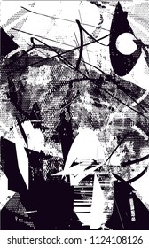Distressed background in black and white texture with  dark spots, scratches and lines. Abstract vector illustration