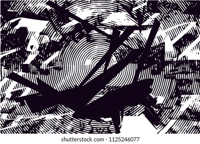Distressed background in black and white texture with  dark spots, scratches and lines. Abstract vector illustration