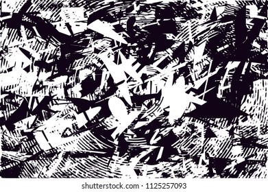 Distressed background in black and white texture with  dark spots, scratches and lines. Abstract vector illustration