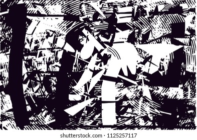 Distressed background in black and white texture with  dark spots, scratches and lines. Abstract vector illustration