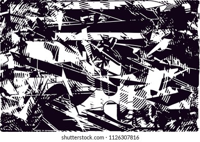 Distressed background in black and white texture with  dark spots, scratches and lines. Abstract vector illustration