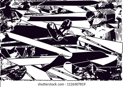 Distressed background in black and white texture with  dark spots, scratches and lines. Abstract vector illustration
