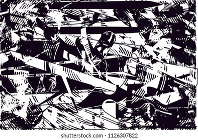 Distressed background in black and white texture with  dark spots, scratches and lines. Abstract vector illustration