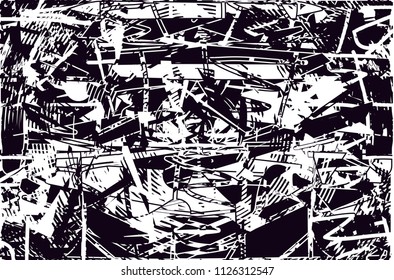 Distressed background in black and white texture with  dark spots, scratches and lines. Abstract vector illustration