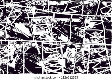 Distressed background in black and white texture with  dark spots, scratches and lines. Abstract vector illustration