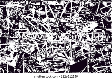 Distressed background in black and white texture with  dark spots, scratches and lines. Abstract vector illustration