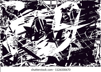 Distressed background in black and white texture with  dark spots, scratches and lines. Abstract vector illustration