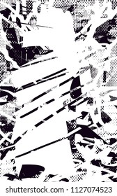 Distressed background in black and white texture with  dark spots, scratches and lines. Abstract vector illustration