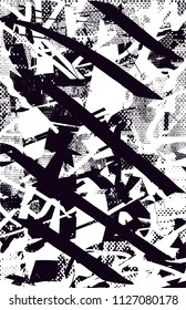 Distressed background in black and white texture with  dark spots, scratches and lines. Abstract vector illustration