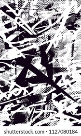 Distressed background in black and white texture with  dark spots, scratches and lines. Abstract vector illustration