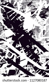 Distressed background in black and white texture with  dark spots, scratches and lines. Abstract vector illustration