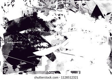 Distressed background in black and white texture with  dark spots, scratches and lines. Abstract vector illustration