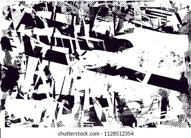 Distressed background in black and white texture with  dark spots, scratches and lines. Abstract vector illustration