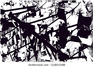Distressed background in black and white texture with  dark spots, scratches and lines. Abstract vector illustration