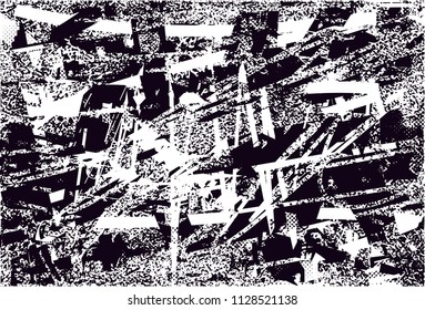 Distressed background in black and white texture with  dark spots, scratches and lines. Abstract vector illustration