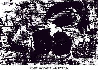 Distressed background in black and white texture with  dark spots, scratches and lines. Abstract vector illustration