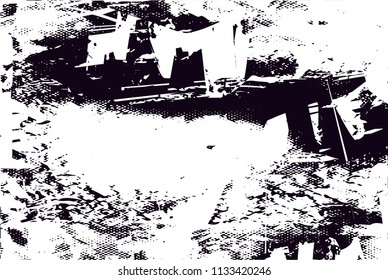 Distressed background in black and white texture with  dark spots, scratches and lines. Abstract vector illustration