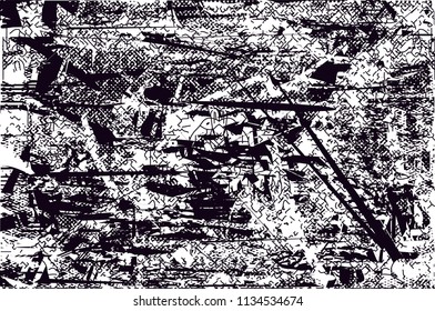 Distressed background in black and white texture with  dark spots, scratches and lines. Abstract vector illustration