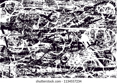 Distressed background in black and white texture with  dark spots, scratches and lines. Abstract vector illustration