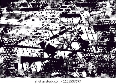 Distressed background in black and white texture with nets, spots, scratches and lines. Abstract vector illustration