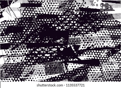 Distressed background in black and white texture with nets, spots, scratches and lines. Abstract vector illustration