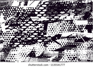 Distressed background in black and white texture with nets, spots, scratches and lines. Abstract vector illustration