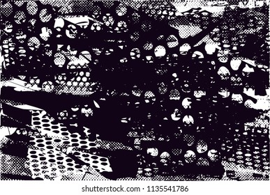 Distressed background in black and white texture with nets, spots, scratches and lines. Abstract vector illustration