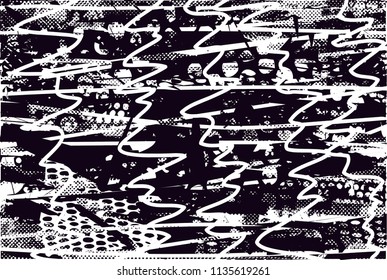Distressed background in black and white texture with nets, spots, scratches and lines. Abstract vector illustration