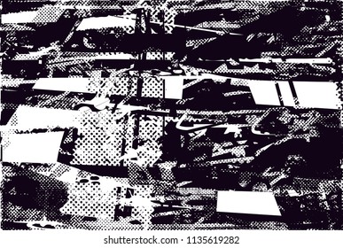 Distressed background in black and white texture with nets, spots, scratches and lines. Abstract vector illustration