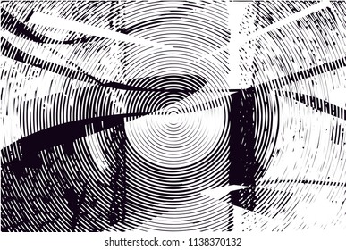 Distressed background in black and white texture with circles, spots, scratches and lines. Abstract vector illustration
