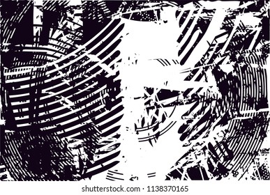 Distressed background in black and white texture with circles, spots, scratches and lines. Abstract vector illustration