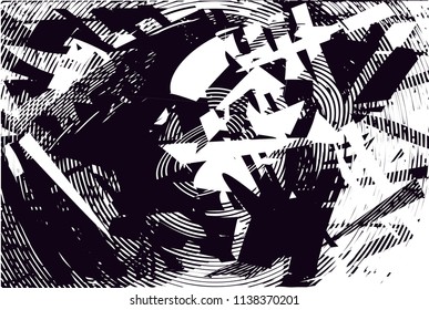 Distressed background in black and white texture with circles, spots, scratches and lines. Abstract vector illustration