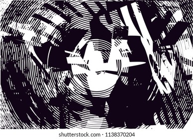 Distressed background in black and white texture with circles, spots, scratches and lines. Abstract vector illustration