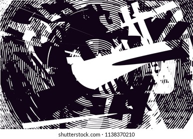 Distressed background in black and white texture with circles, spots, scratches and lines. Abstract vector illustration