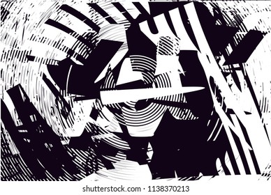 Distressed background in black and white texture with circles, spots, scratches and lines. Abstract vector illustration