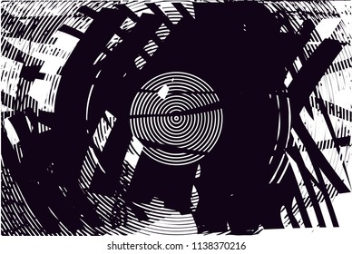 Distressed background in black and white texture with circles, spots, scratches and lines. Abstract vector illustration