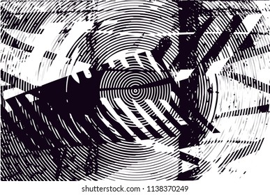 Distressed background in black and white texture with circles, spots, scratches and lines. Abstract vector illustration