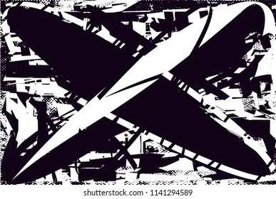 Distressed background in black and white texture with  dark spots, scratches and lines. Abstract vector illustration