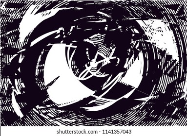 Distressed background in black and white texture with circles, spots, scratches and lines. Abstract vector illustration