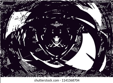 Distressed background in black and white texture with circles, spots, scratches and lines. Abstract vector illustration