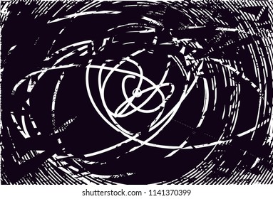 Distressed background in black and white texture with circles, spots, scratches and lines. Abstract vector illustration