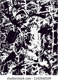 Distressed background in black and white texture with dots, spots, scratches and lines. Abstract vector illustration