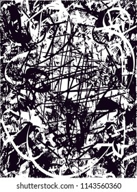 Distressed background in black and white texture with dots, spots, scratches and lines. Abstract vector illustration