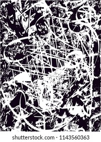 Distressed background in black and white texture with dots, spots, scratches and lines. Abstract vector illustration