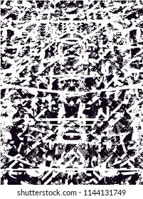 Distressed background in black and white texture with dots, spots, scratches and lines. Abstract vector illustration