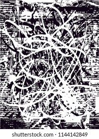 Distressed background in black and white texture with dots, spots, scratches and lines. Abstract vector illustration