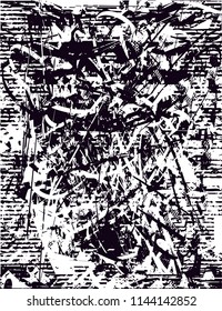 Distressed background in black and white texture with dots, spots, scratches and lines. Abstract vector illustration