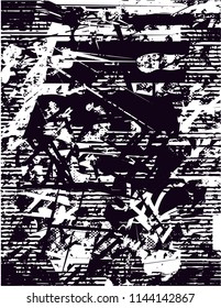 Distressed background in black and white texture with dots, spots, scratches and lines. Abstract vector illustration
