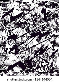 Distressed background in black and white texture with dots, spots, scratches and lines. Abstract vector illustration